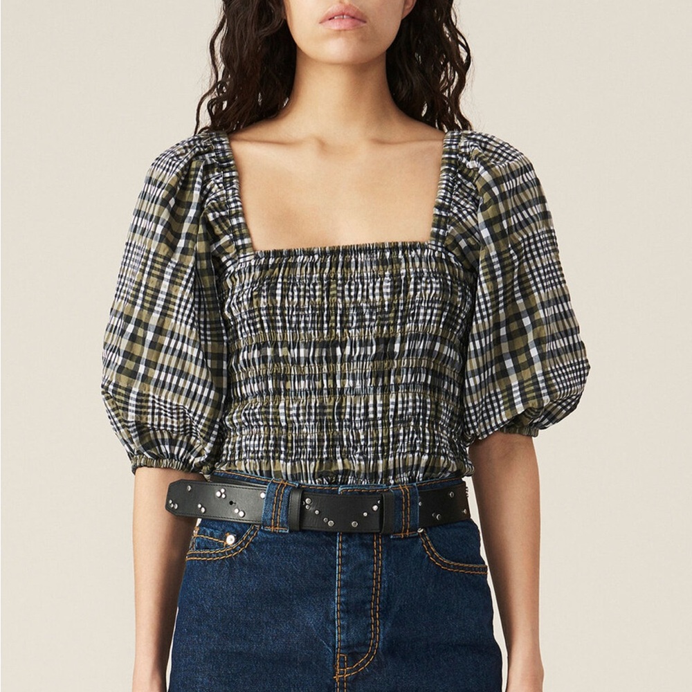 Ganni Plaid Smocked Seersucker Puff Sleeve Top